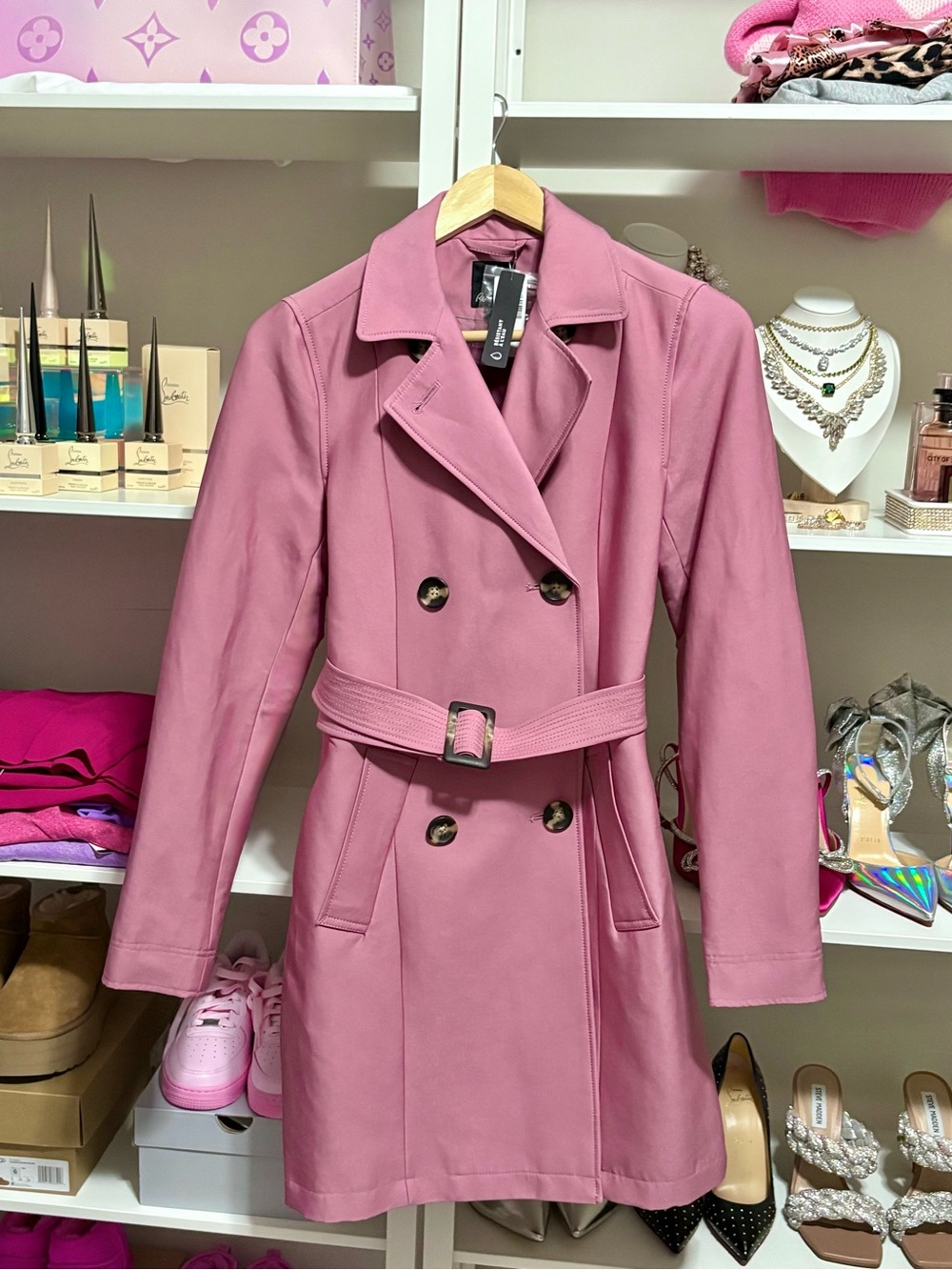 NWT Blush Pink Double-Breasted Pink Trench Coat with Belt